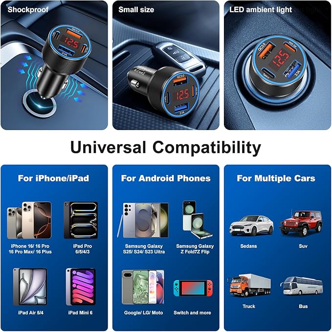 Car Phone Charger USB C,2Pack 4-Port 65W USB C Car Charger Fast Charging Multi Port Cigarette Lighter Adapter with Volt Meter,12V Type C Car Adapter for iPhone 16/16e/15 Pro Max,iPad,Samsung,Android