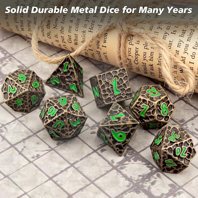 PJOY Metal Dice Set D&D for Dungeons and Dragons Green Metal Druid DND Dice with Case Meteorite Bronze 16mm 7PCS Role Playing Cool DND Gifts for Players DM Game Masters
