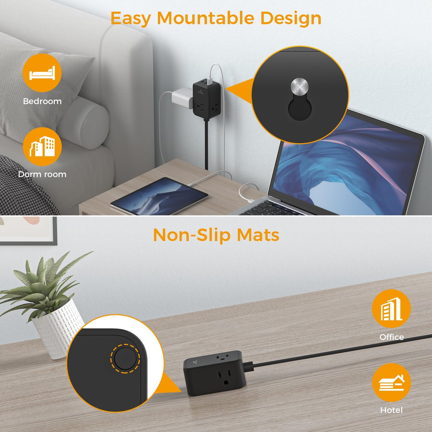 TESSAN Small Flat Plug Power Strip, Ultra Thin Extension Cord 5 ft, Black