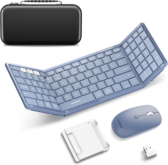 Foldable Keyboard and Mouse, Samsers Folding Bluetooth Keyboard Combo, 2.4G + BT5.0 x 2, Full-Size Portable Travel Keyboard & Rechargeable Wireless Mouse for Windows Android iOS Mac OS