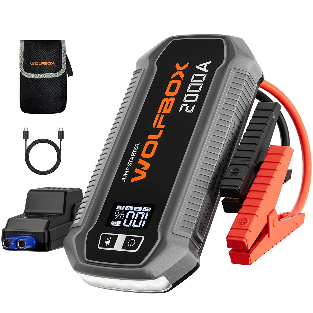 WOLFBOX 3000A Jump Starter,12V Car Battery Jump Starter with 65W Fast Charging, LED Display,59.2Wh Portable Jump Starter Battery Pack(8L Gas 6L Diesel Engine) with Booster,LED Light,Jumper Cables