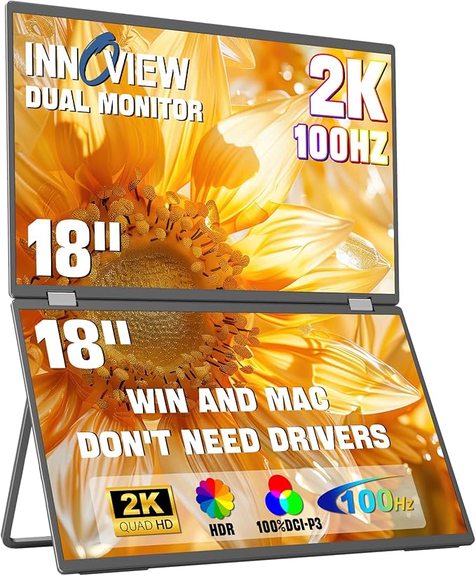 InnoView 23.8" FHD Dual Portable Monitor 1920x1080P 100% sRGB - Foldable & Stackable Design with 315° Screen Adjustment & 180° Stand | USB-C/HDMI, Dual Monitor for Laptop, Mac, Windows