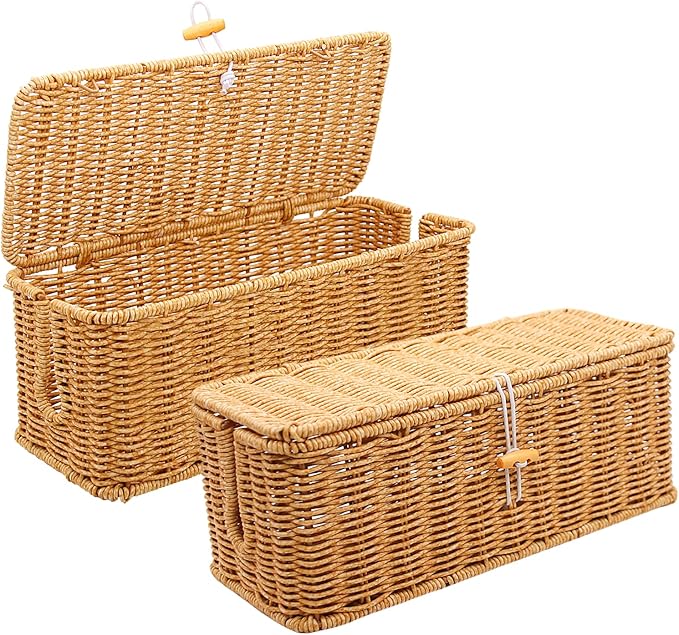 Cable Management Box, Handmade Rattan Cable Organizer Cord Basket