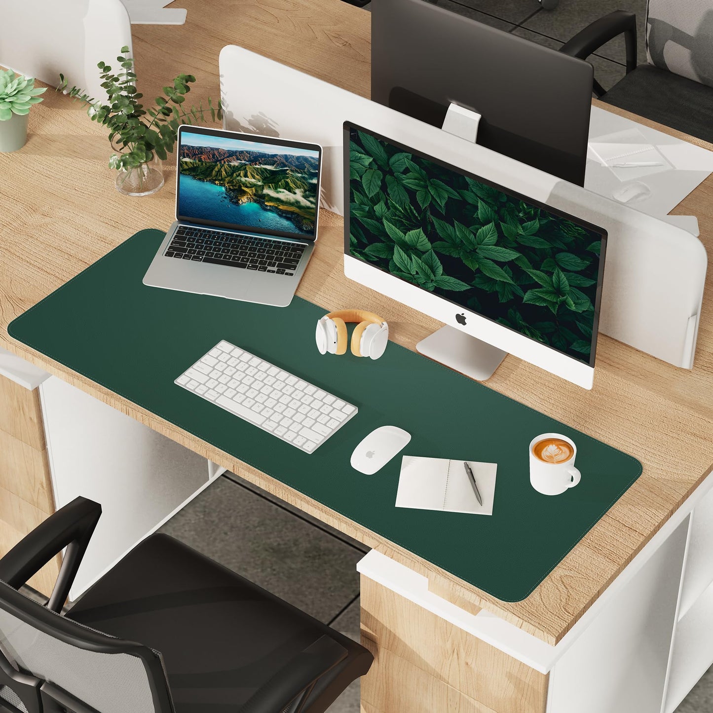 AFIING Leather Desk Pad Protector, Large Desk Mat with Natural Cork & PU Leather, Mouse Pad, Non-Slip, Waterproof Desk Writing Pad for Office and Home (Dark Green)