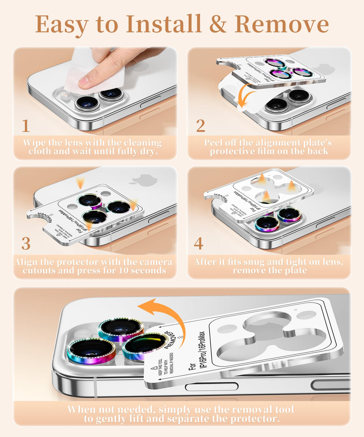 GolbinBox Camera Lens Protector for iPhone 17 Pro Max/17 Pro/16 Pro Max/16 Pro, 1:1 Invisible Fit, 9H Tempered Glass Ultra HD Metal Individual Camera Cover for Women, Case Friendly, Bling/Colorful