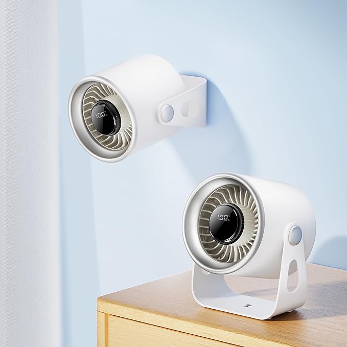 Quiet Small Desk Fan with 100 Speeds Knob switch, Digital Display Portable Rechargeable Fan for Office, Bedroom, Kitchen, Home, Outdoor, 135° Tilt Small Travel Camping Table Fan, White