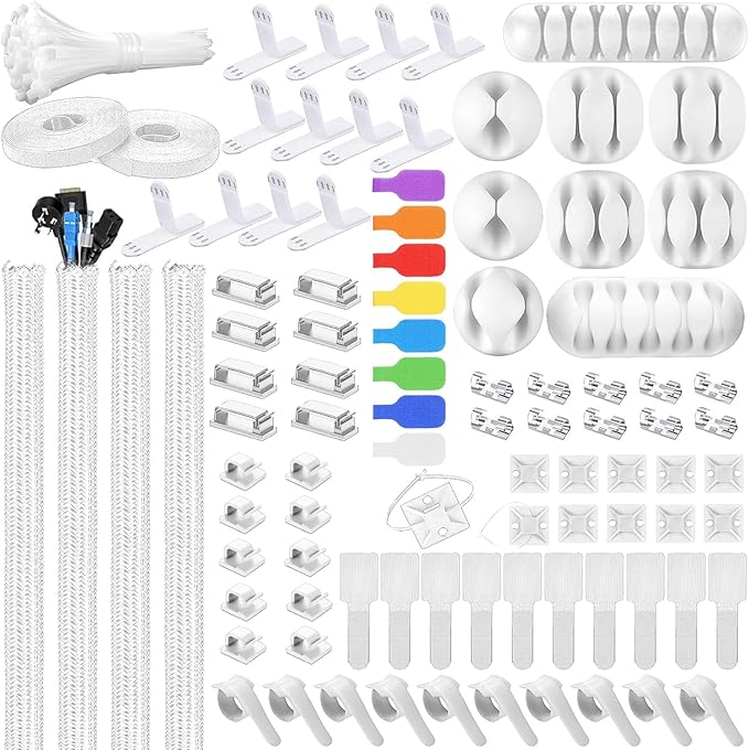 Ditar 193 PCS Cable Management Kit - 4 Cable Sleeve, 57 Self Adhesive Cable Clips, 12 Hanging Strips, 12 Cable Organizer Straps and 100 Fastening Cable Ties for TV Computer Under Desk (White)
