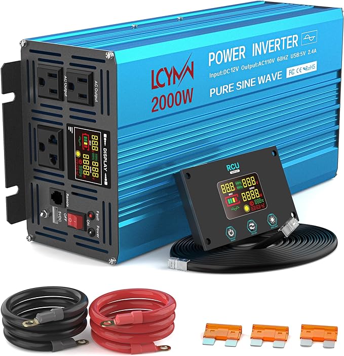 Power Inverter 5000 Watt Pure Sine Wave 48V DC to 110V/120V AC 10000W Peak Converter for Family RV Solar System with 2 AC Outlets LCD Display Remote Control 0.5A USB Charging Port and Wiring Terminal