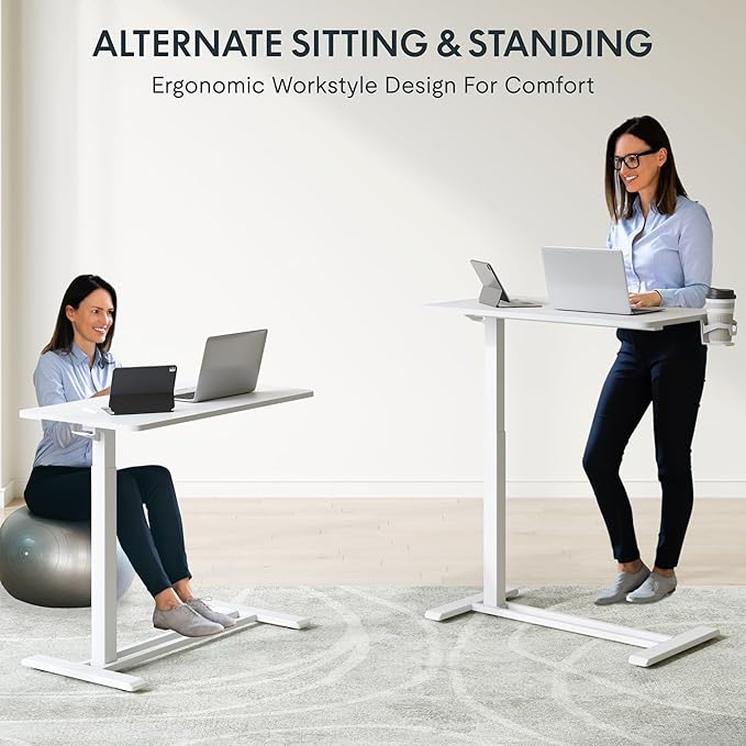 FLEXISPOT Mobile Standing Desk with Wheels Pneumatic Laptop Desk Rolling Computer Cart Movable Height Adjustable Small Sit Stand Desk Computer Workstations Home Use(31.5" W x 17.7" D,White
