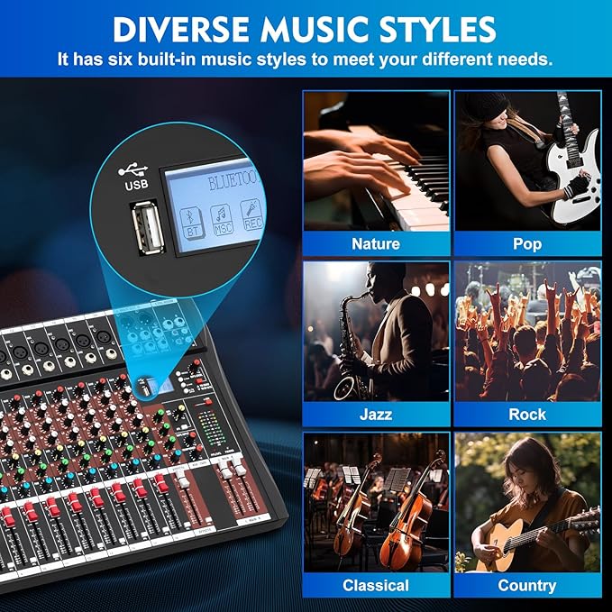 16 Channel Audio Mixer, Soundboard Mixing Console Sound Mixer DJ Sound Controller with USB & Bluetooth, Studio Audio Mixer for Professional and Beginners (16 Channel)
