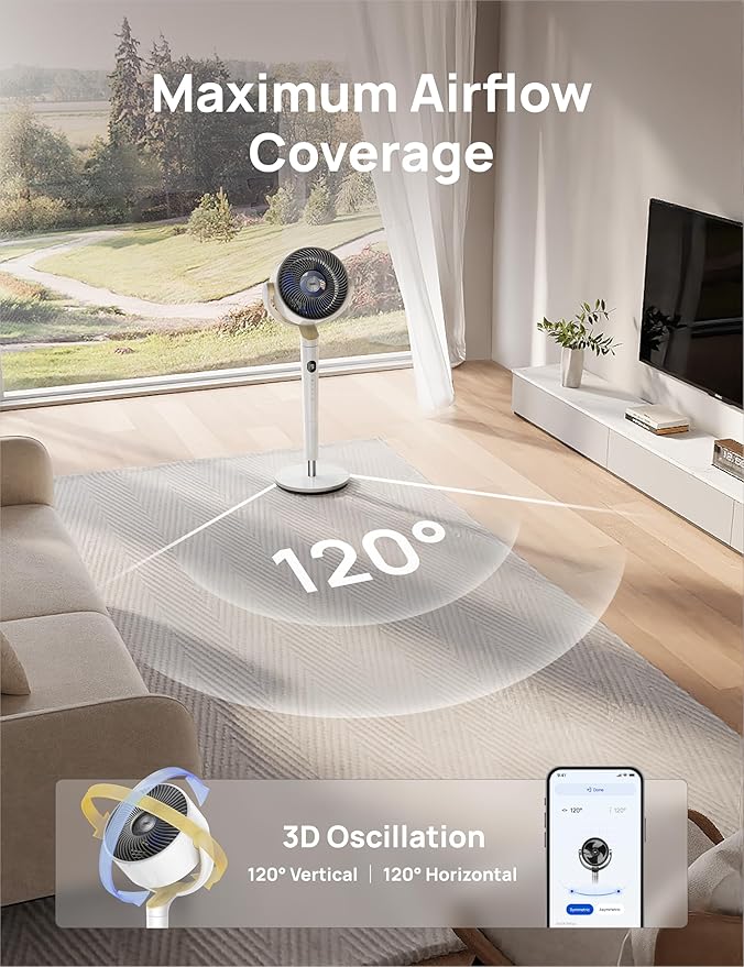 Dreo Smart Fan for Bedroom, 120ยฐ +120ยฐ Omni-Directional Oscillating Fans, 90ft Quiet Pedestal Fan with RGB Light, 9 Speeds, 6 Modes, 20dB, 8H Timer, Wi-Fi/Voice/Alexa, 37-42" Floor Fans with Remote