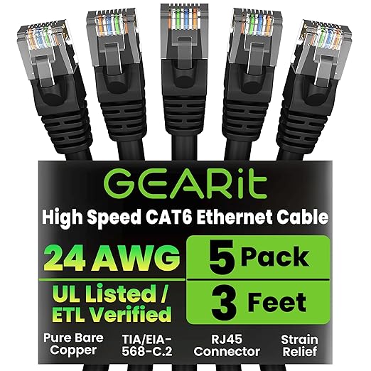 GEARit Cat6 Patch Cables 3 ft Black (5 Pack) Cat 6 Patch Cables 3ft Black/Ethernet Patch Cable, 10Gbps 550MHz 24AWG Pure Copper, Snagless, Gold Plated RJ45 for Router, Server, Router, PC