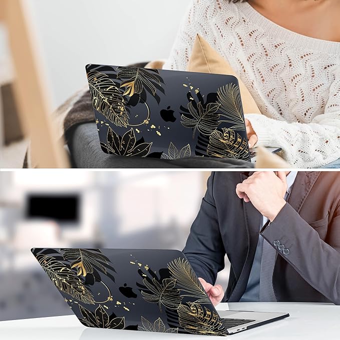 TWOLSKOO Compatible with MacBook Pro 13 inch Case 2023-2016 A2338 M2/M1 A2251 A2289 A2159 A1989 A1706, Plastic Hard Shell Cover & Keyboard Skin & Screen Protector - Golden Tropical Leaf