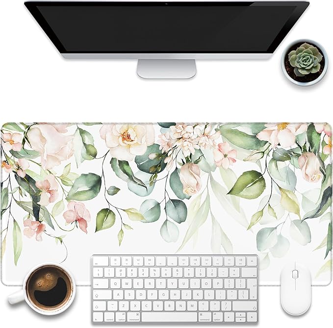 KOAIWPAE Desk Mat, Watercolor Pink Flowers Desk Pad, Green Leaves Flowers Large Gaming Mouse Pad for Desk, 31.5"x15.7" Extended Big Computer Keyboard Mouse Pad with Non-Slip Base and Stitched Edge