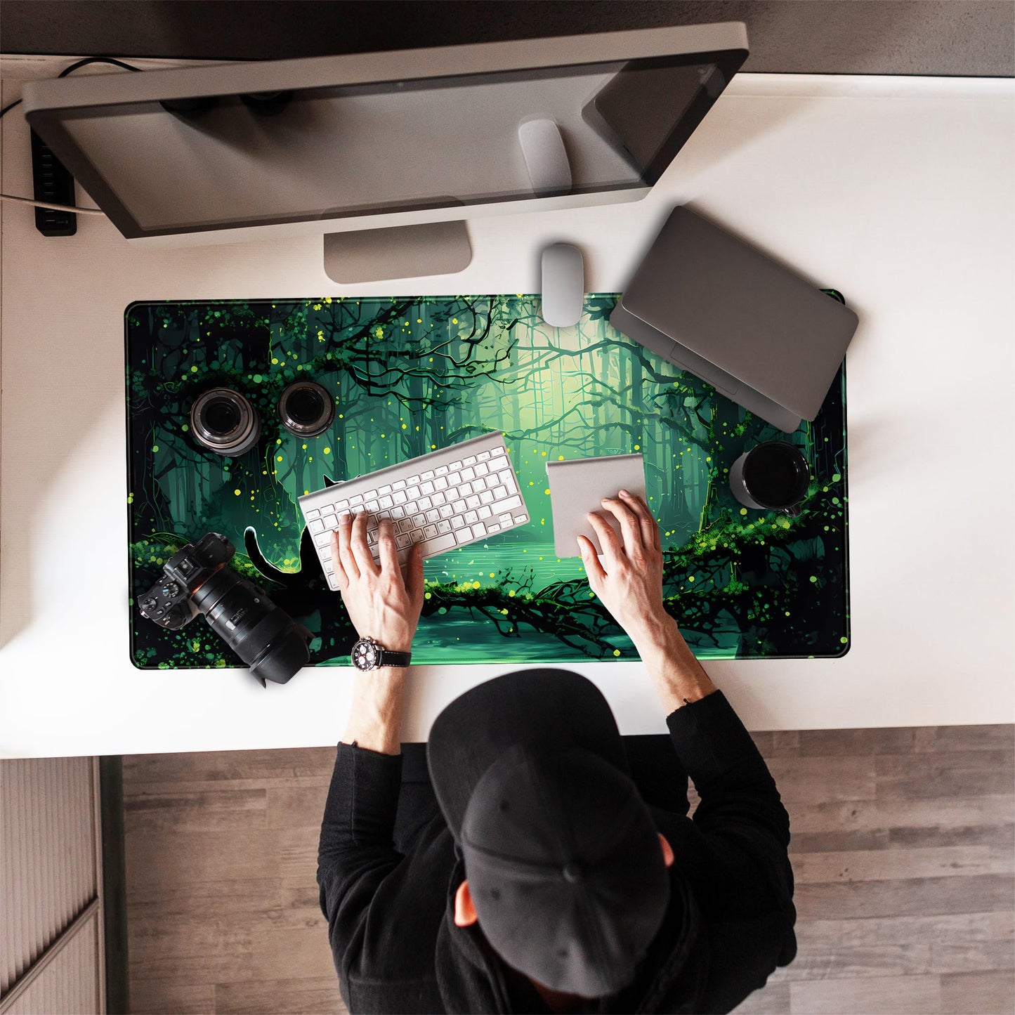 Kawaii Green Forest Desk Pad Mouse Pad Cute Black Cat Desk Mat, XXL Extended Anime Cats Large Gaming Mousepad, Computer Keyboard and Mouse Deskpad Decor Deskmat with Stitched Edges Mat 31.5x15.7 in