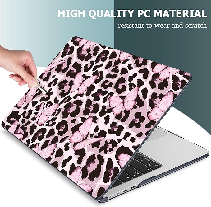 Mektron for 2025 M4 MacBook Air 13.6 Inch A3240 Case Fits 2023 A2681 M2 2024 A3113 M3 Chip with Liquid Retina Display Touch ID, Printed Plastic Hard Shell for MacBook Air 13.6", Leopard Pink Butterfly