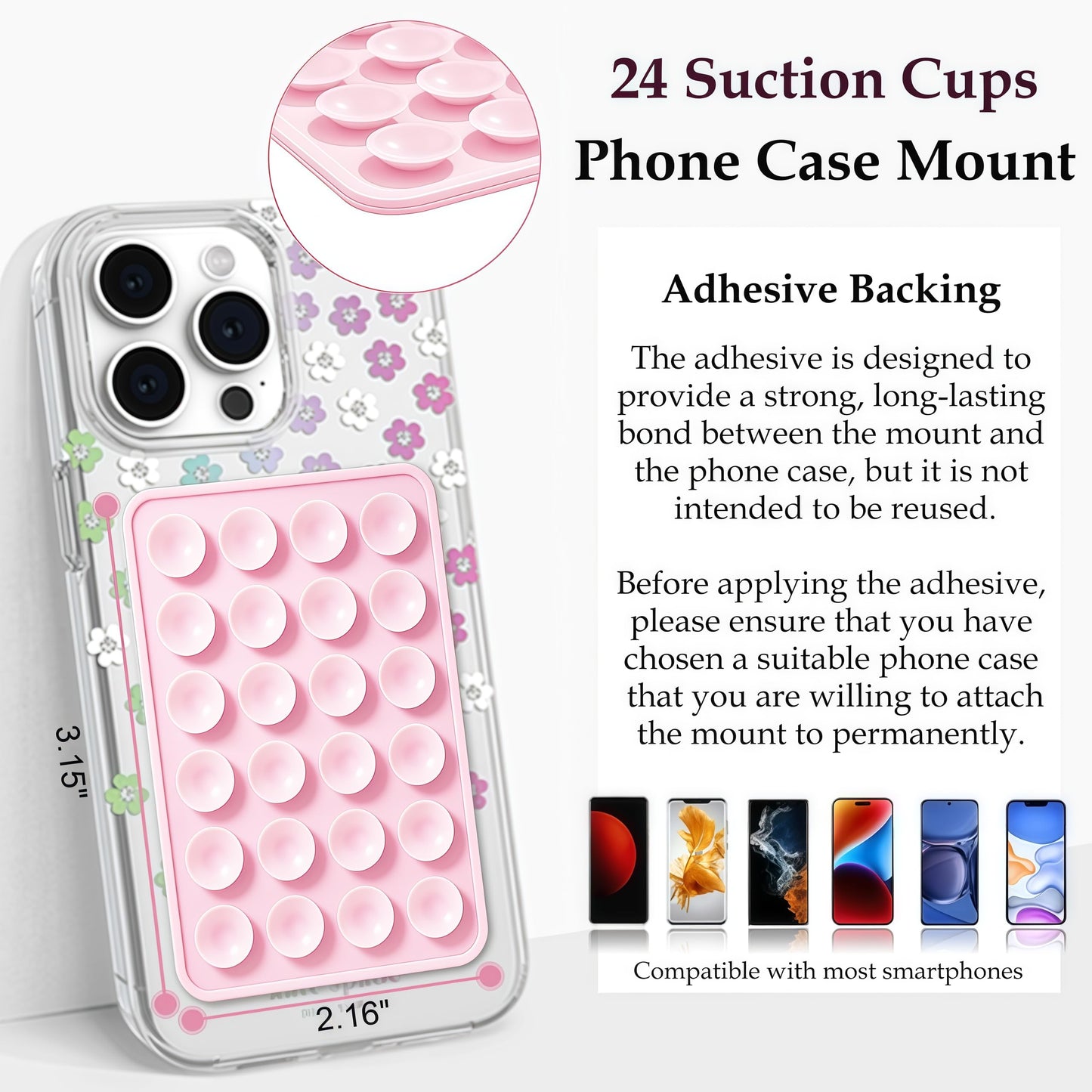 Anteel Silicone Suction Phone Case Mount, Non Slip Sticky Phone Grip for Cellphone, Silicon Adhesive Suction Cup Phone Mount, Strong Grip Holder for Selfies and Videos (Light Pink)