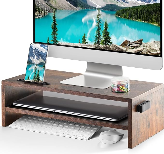 Marbrasse Wood Monitor Stand Riser,Desk Computer Printer Shelf Stand,Pink