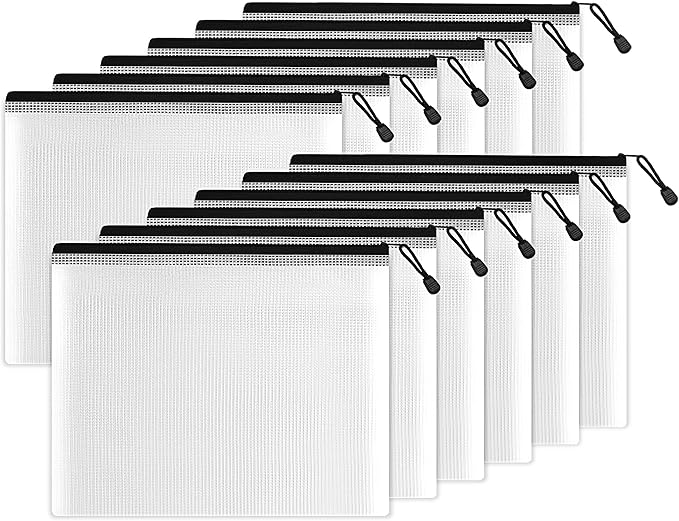 SUNEE Plastic Mesh Zipper Pouch 9.2x12.5 in (6 Colors,Extra Large Water-Resistant Zip Bag for School Office Supplies, Puzzles & Games Organizing Storage
