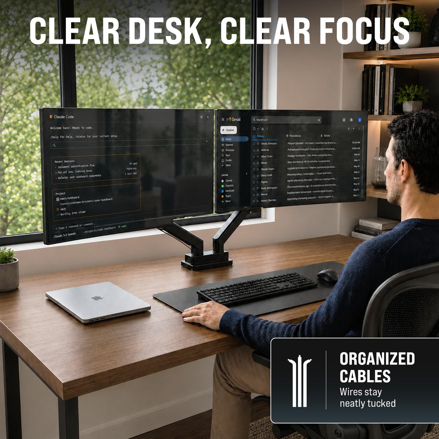 EVEO Premium Dual Monitor Mount 14"-32” Dual Monitor Arm VESA Bracket Adjustable Height Gas Spring Dual Monitor Stand, Screen Full Motion Dual Monitor Arm-Computer Monitor Stand for 2 Screens - Black