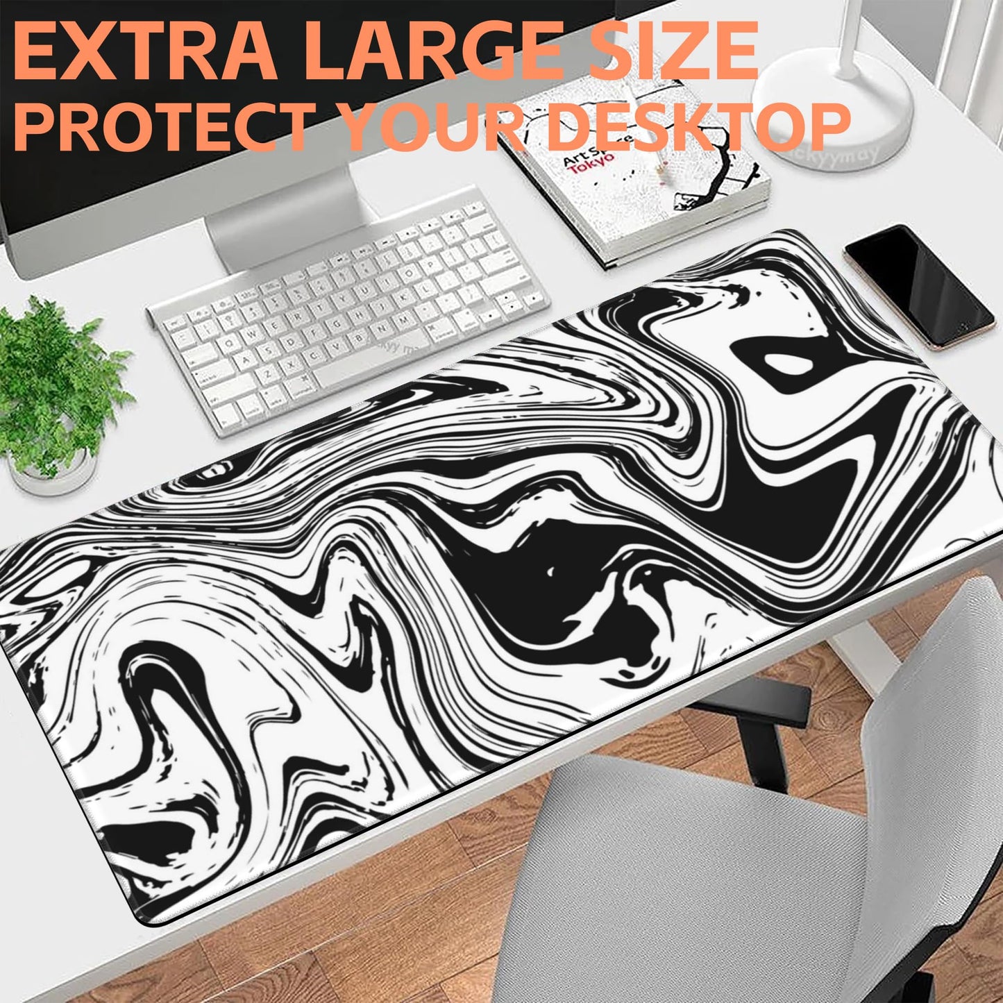 NIYLYNSYN Mouse Pad Large Black and White Fluid Non-Slip Gaming Desk Mat with Stitched Edge Laptop Keyboard Desk Pad for Work Home Gaming (35.4 x 15.7 Inches)