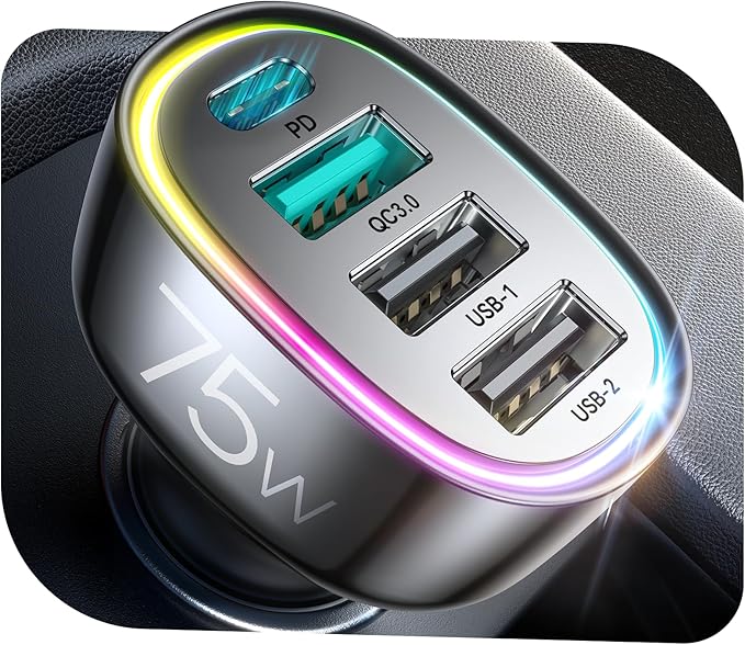 75W Car Charger USB C, 4 Port Super Fast Cigarette Lighter USB Charger, Type C 60W & QC 3.0 Multiport Car Phone Adapter Accessories for iPhone 17/16/15/14/13/12 Pro Samsung S26 Series, Android