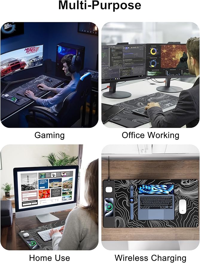 TopMade Mouse Pad with 15W Fast Wireless Charging, 31.5"x15.75" XXL Large Gaming Waterproof Desk Pad with Ultra-Smooth Surface, Non-Slip Base, Computer Desk Mat, Black Topographic Map #2