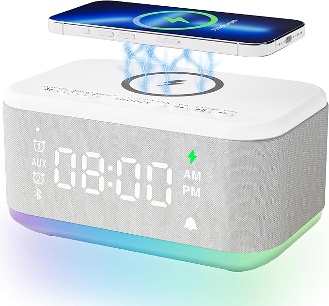 Alarm Clock Speaker Wireless Charger, Digital Alarm Clocks Bedrooms Bluetooth, Alarm Clock Dimmable Light Bedrooms Dual Alarm Snooze Dimmer 12 24H RGB Night Light Bluetooth USB AUX