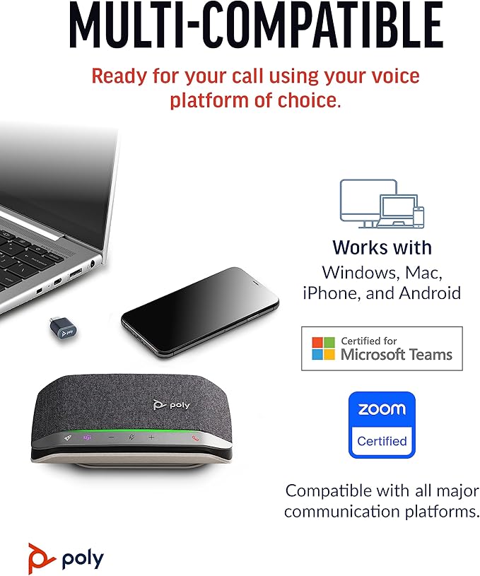 Poly Sync 20+ Personal Portable Bluetooth Speakerphone (Plantronics) – Noise/Echo Reduction – USB-C Bluetooth Adapter - Works w/Teams (Certified), Zoom, PC, Mac, Mobile – Amazon Exclusive