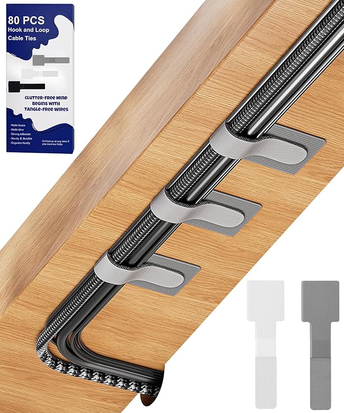 80PCS Hook and Loop Cable Ties, Under Desk Cable Management, Adhesive Cable Straps, Cord Management Hider Idea, Cord Organizer for Desk, Computer Accessories, Home Office Organization