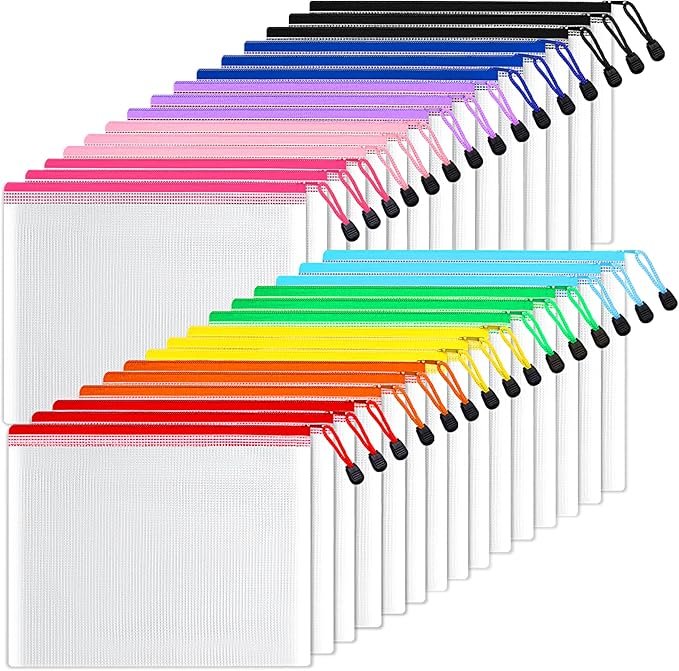 SUNEE Mesh Zipper Pouch 7.8x10.8 in (10 Colors, Vinyl Zipper Bags For School Office Supplies, Puzzles & Games, Travel Accessories, Waterproof Organizer