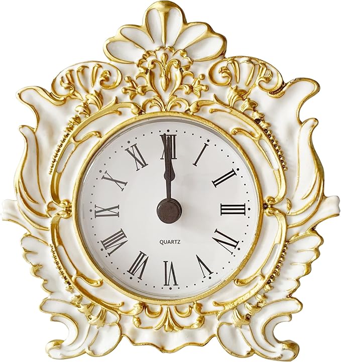 Pewery Decorative Mini Table Clock, Vintage Metal Silent Analog Quartz Battery Operated Table Top Clock for Living Room Decor Shelf