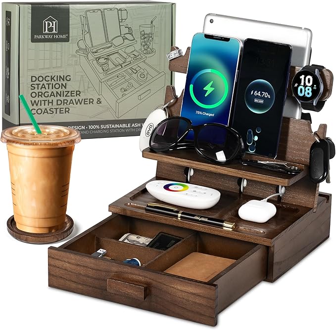 Black Wood Phone Docking Station for up to 3 Phones - Nightstand Organizer with Drawer for Valuables for Men & Women, Compatible With Apple Watch, Holds Phones, Tablets, Keys, Rings, Glasses, EDC