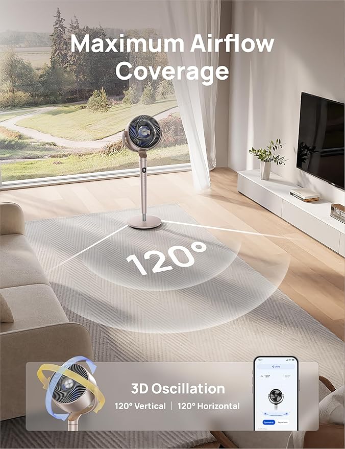 Dreo Smart Fans for Bedroom, 120ยฐ +120ยฐ Omni-Directional Oscillating Fan, 90ft Quiet Pedestal Fan with RGB Light, 9 Speeds, 6 Modes, 20dB, 8H Timer, Wi-Fi/Voice, 37-42" Floor Fans, Starlight