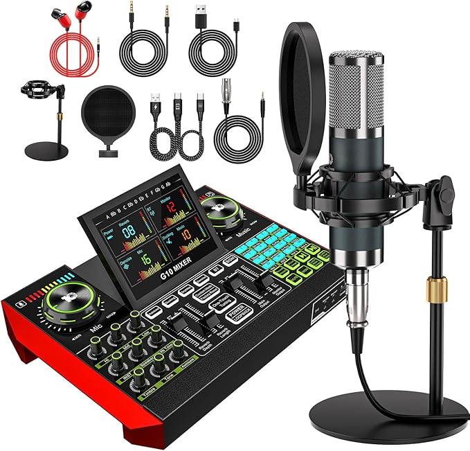 Podcast Microphone Bundle with Live Sound Card Audio Mixer, Podcast Equipment Bundle with 3.5mm BM800 Microphone for Pc/Youtube Live Streaming Singing Gaming, Sound Board with Voice Changer, Denoise