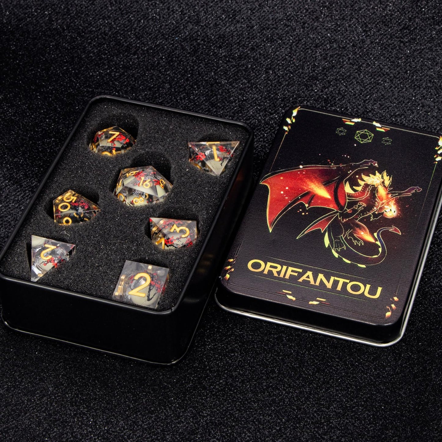 ORIFANTOU Plum Blossom DND Dice Yellow Noctilucent Liquid Core Dice Set with Metal Box, Handmade Sharp Edge Dice D and D Polyhedral Dice for use with D&D RPG Role Playing Game