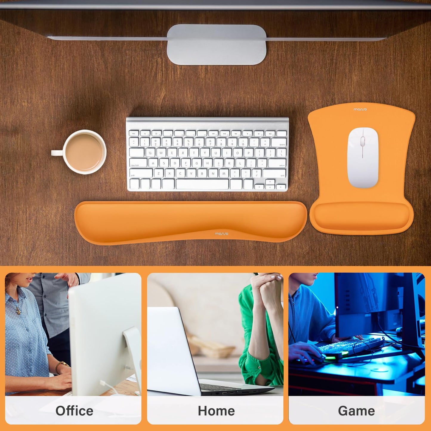 MOSISO Wrist Rest Support for Mouse Pad & Keyboard Set, Ergonomic Mousepad Non-Slip Base Home/Office Pain Relief & Easy Typing Cushion with Neoprene Cloth & Raised Memory Foam, Orange