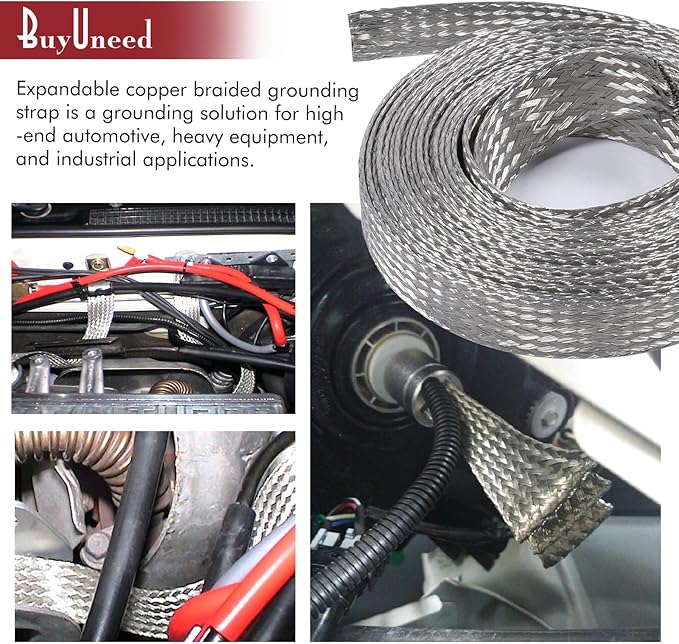 Tinned Copper Metal Braid Sleeving Wire Shielding Sleeve Braided Copper Ground Straps EMI/RFI Interference Expandable Flat Mesh Shielding Cable for Protect Wire (1/2inch-22ft)