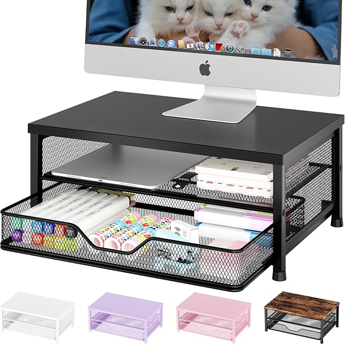 OPNICE Computer Monitor Stand Riser, Desk Organizer with Drawer, Printer & Laptop Stand, Office Desk Accessories & Workspace Desktop Organizers Storage for Office Supplies(White)