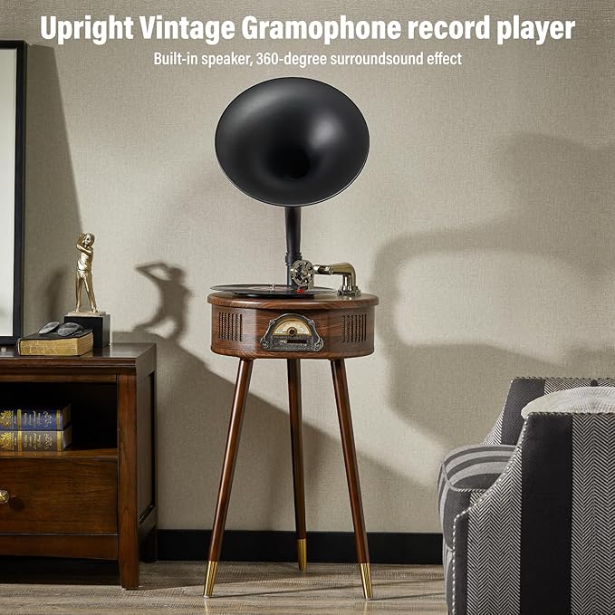 Gramophone Record Player,Italian Style Gramophone Vinyl Record Player with Control/Bluetooth/USB/FM Vintage Record Players Turntables 2 Speed(33/45), Hi-Fi, Classic Tripod Retro Wooden Design