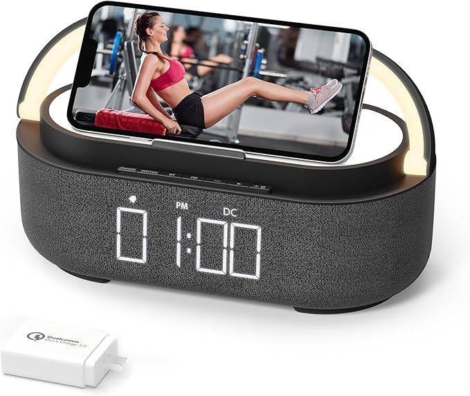 Bluetooth Speaker Alarm Clock & Wireless Charger for Bedside, Home, Office