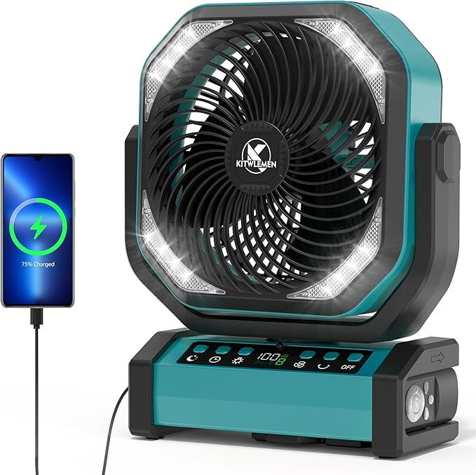 Camping Fan with Light - 20000mAh Rechargeable Battery Tent Fan, 112Hrs Max, 8 Speeds, Digital Display, Timer, Auto Oscillation, 270° Pivot & Hook for Garage, RV, Hurricane, Co-Branded with AMACOOL