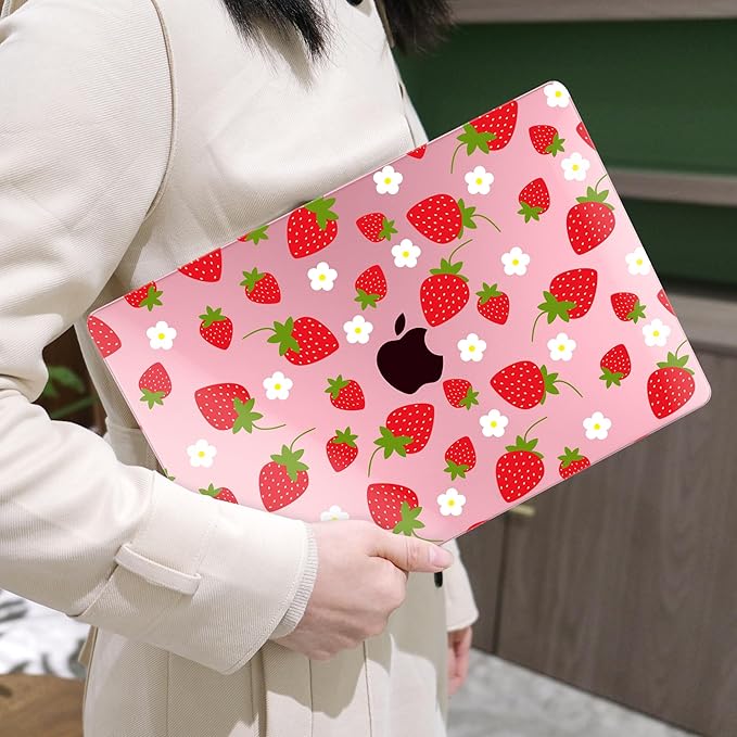 MEEgoodo for M4/M3/M2 MacBook Air 15.3 inch Case 2025 2024 2023, Case Fit Model (A3241/A3114/A2941) for MacBook Air 15 inch, Laptop Hard Shell with Keyboard Cover, Strawberries & Flowers