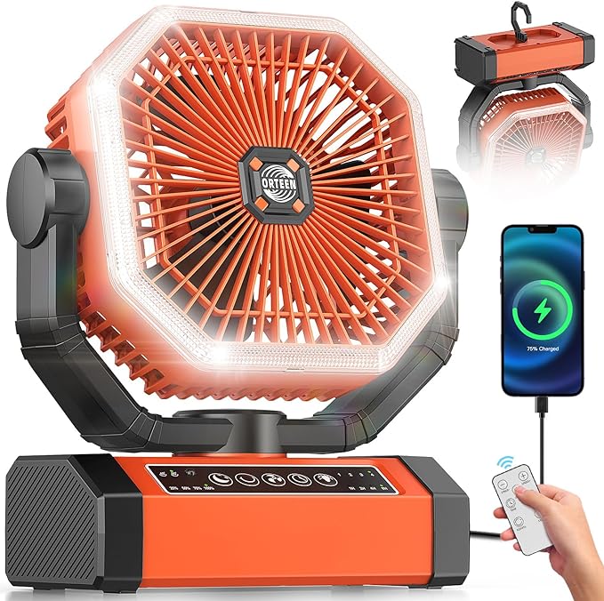 Battery Powered Fan - 9-Inch Rechargeable Fan Portable, 24000mAh(60Hrs) Camping Fans for Tent, Auto Oscillation Cordless, Tent Fans for Camping with Remote/light, 4 Speeds, 4 Timing, Outdoor