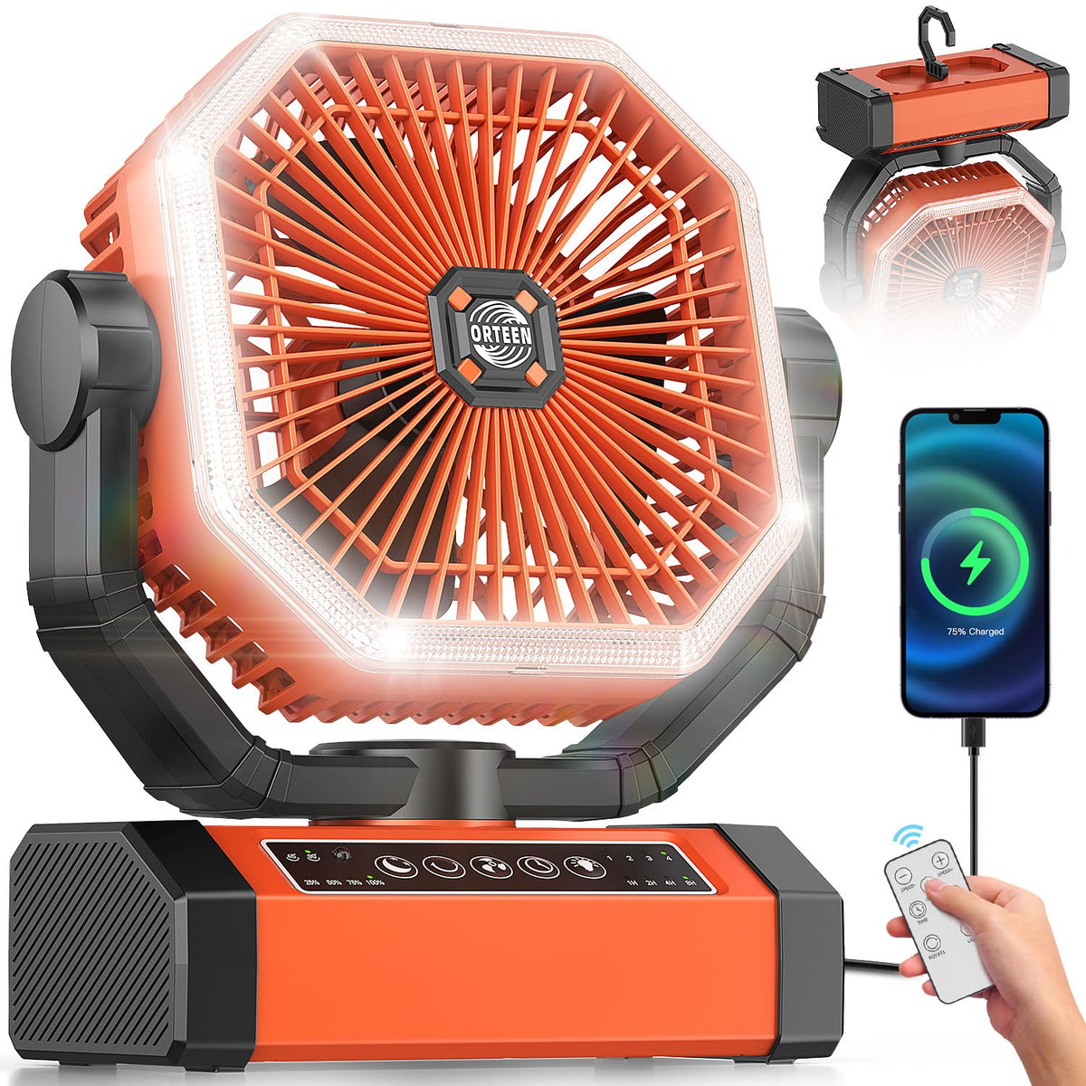 Battery Powered Fan - 9-Inch Rechargeable Fan Portable, 20000mAh(60Hrs) Camping Fans for Tent, Auto Oscillation Cordless, Tent Fans for Camping with Remote/light, 4 Speeds, 4 Timing, Outdoor, Yellow