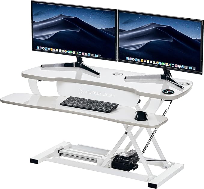 VERSADESK PowerPro 48 Inch Electric Standing Desk Converter – Push-Button Height Adjustable Sit to Stand Desk Riser for Multiple Monitors – Motorized Desktop Workstation with Wide Keyboard Tray