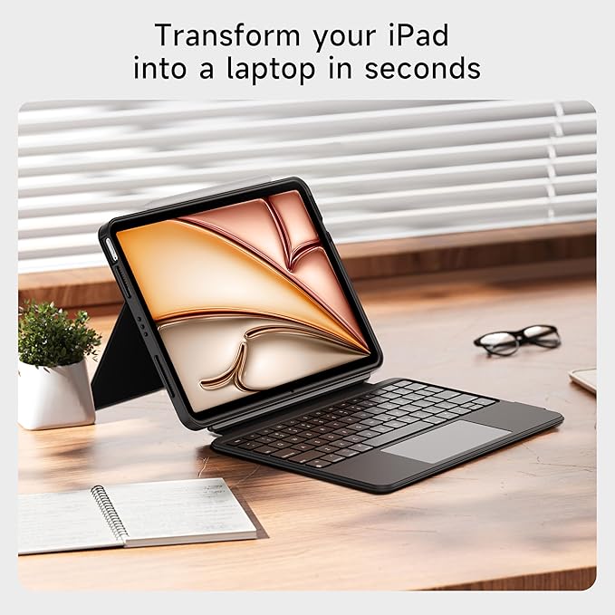 HOU iPad Air 11 Case with Keyboard (M3 2025, M2 2024) Detachable Rotatable Magnetic Full Protection Case, 7-Color Backlight, Touchpad, Elastic Pen Holder for iPad Pro 11 (4th-1st) & Air (5/4th)āBlack