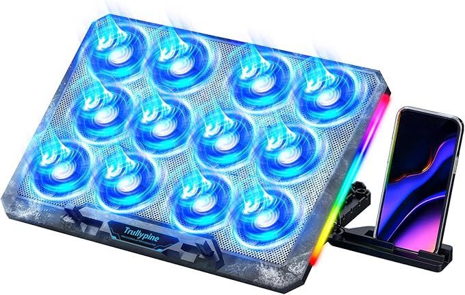 Trullypine Laptop Cooling Pad with 12 Quiet Fans, Slim Portable for 12-17.3 Inch Laptop Cooler Stand, RGB Lighting, with 5 Height Adjustable, Gaming Cooling Fan Pad,Two USB Ports, Phone Holder (LCD)