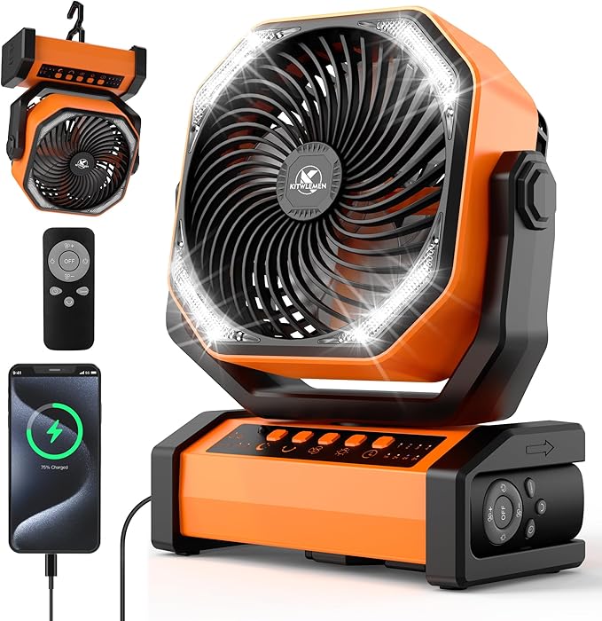 Camping Fan with Light - 20000mAh Rechargeable Battery Tent Fan, 112Hrs Max, 8 Speeds, Digital Display, Timer, Auto Oscillation, 270° Pivot & Hook for Garage, RV, Hurricane, Co-Branded with AMACOOL