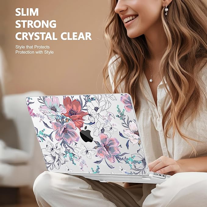 Case for MacBook Air 15 Inch 2025 2024 2023 Release M4 A3241 M3 A3114 M2 A2941, Hard Shell with Screen Protector & Keyboard Cover, Compatible with Touch ID, Floral C319